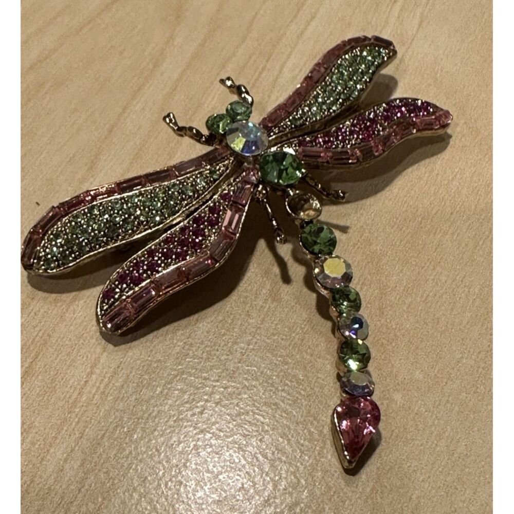 Vintage Gold Tone Dragonfly Brooch Pin Rhinestone Pink Green Insect